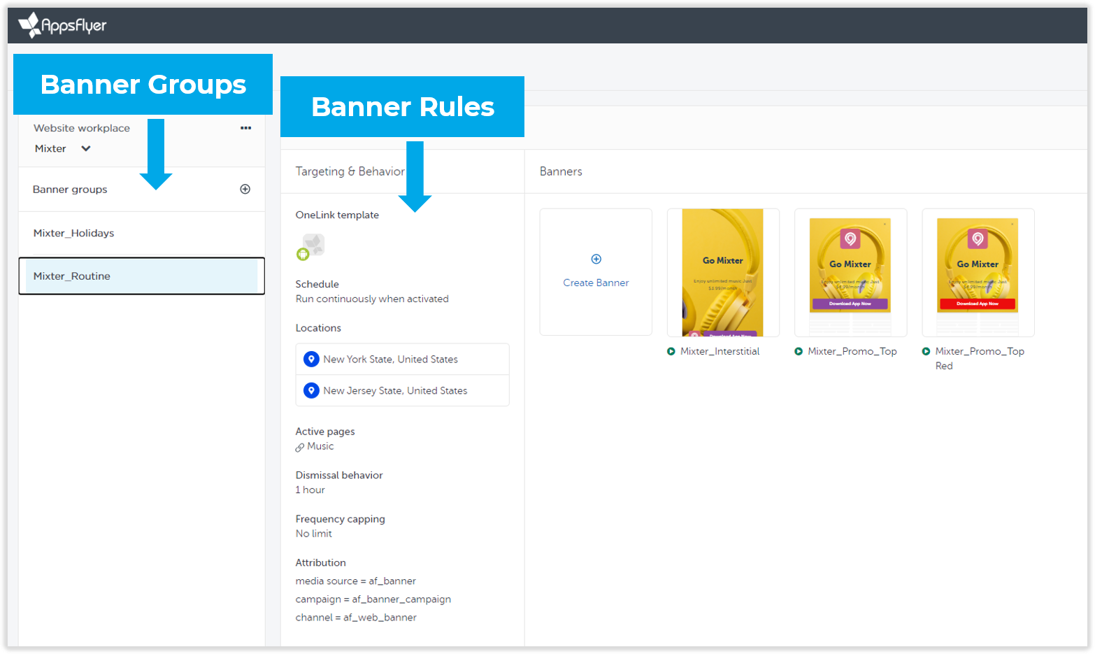 Reglas de agrupación de smart banners de AppsFlyer