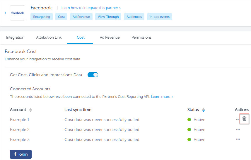 Delete cost reporting accounts connected to AppsFlyer