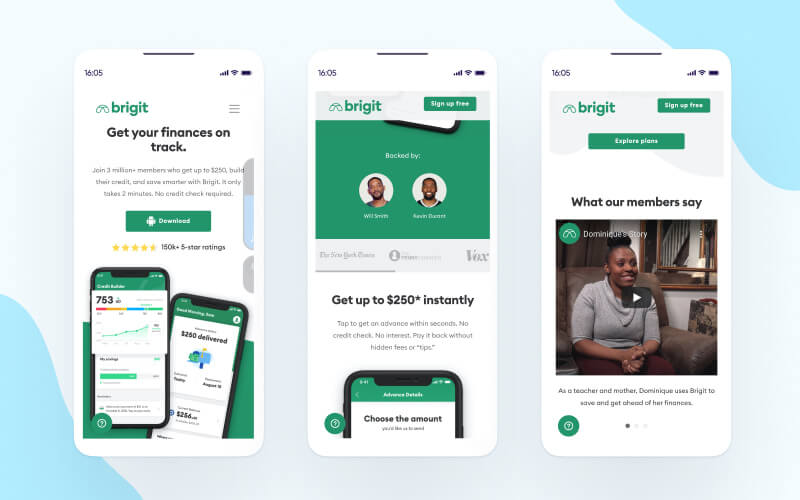 Brigit app landing page example