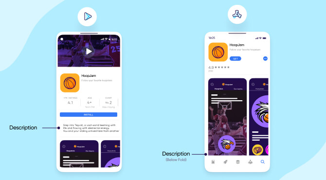 Apple app store app description vs. Google play store app description