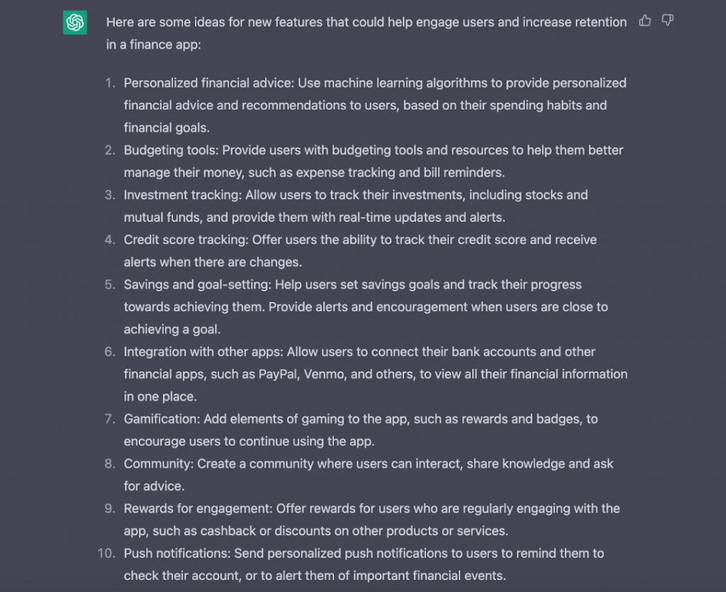 ChatGPT app marketing response: App features ideas