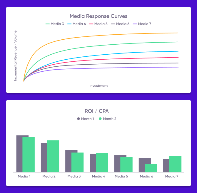 Media mix modeling outputs: Media response curves and ROI/CPI
