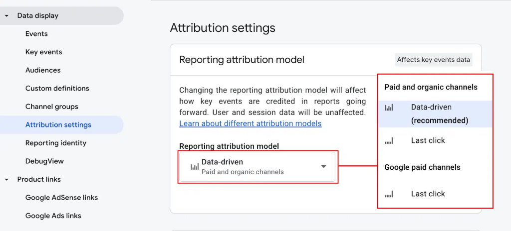 Data-driven attribution in GA4 settings