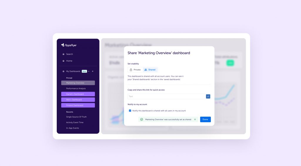 My dashboards and the share button
