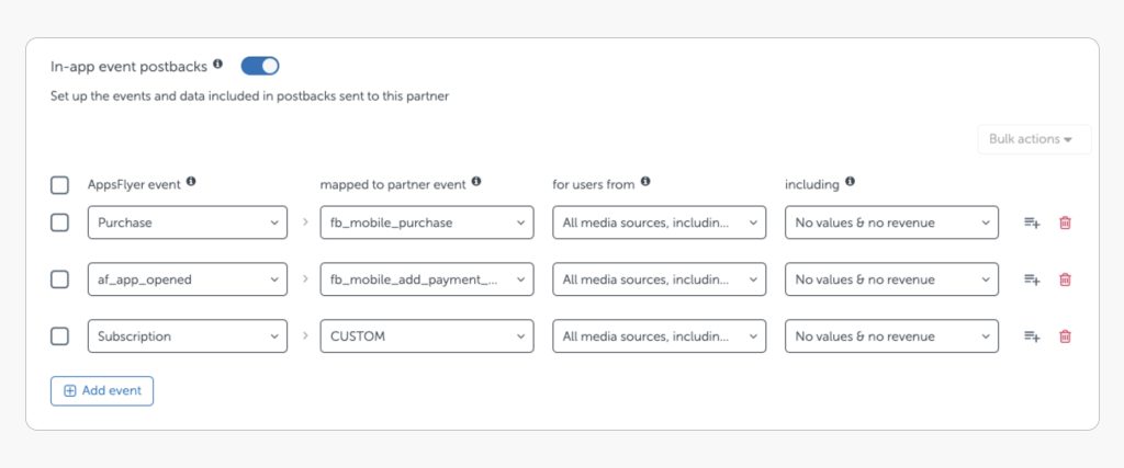 AppsFlyer mapping in-app events to Facebook partner events for attribution