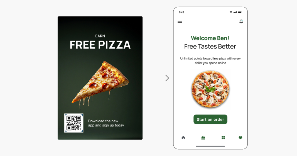 QR-to-app: scanning a promotional poster QR code routes a customer directly to a specific in-app destination on first open