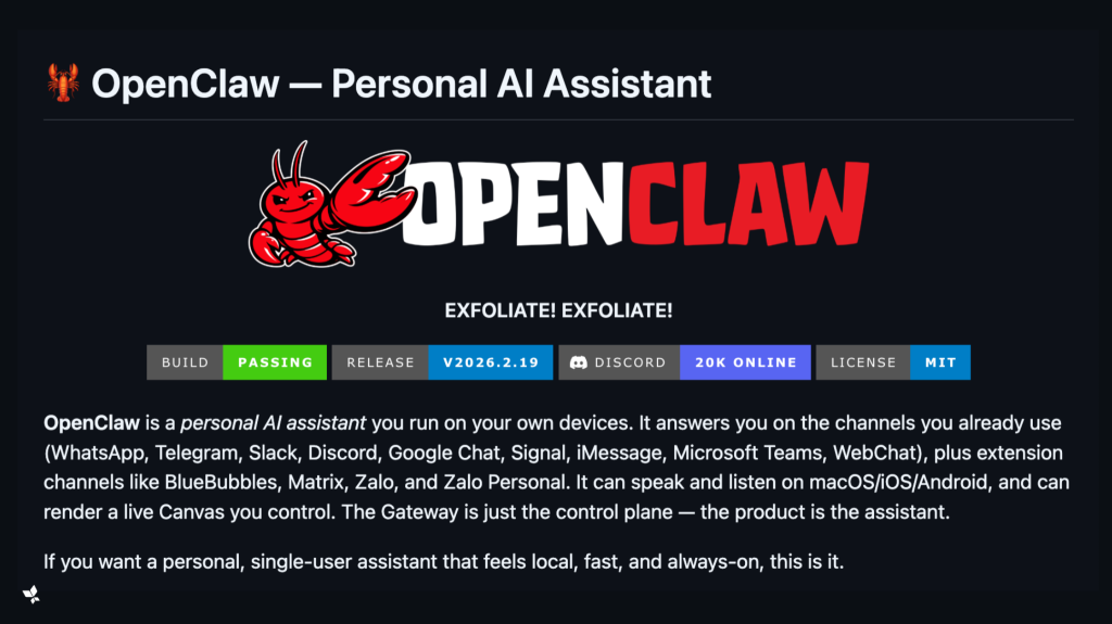 OpenClaw README header with lobster logo and status badges.