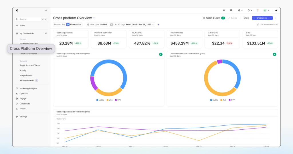 AppsFlyer Cross Platform Overview dashboard showing user acquisitions, ROAS, revenue, and cost metrics broken down by Mobile, Web, and CTV platform groups.