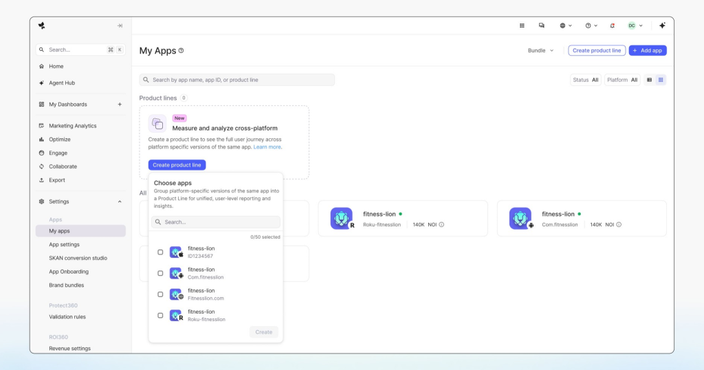 AppsFlyer 'My Apps' screen showing the 'Create product line' feature with a modal to select and group iOS, Android, Web, and Roku versions of the same app.